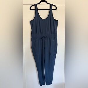 P56 Athleta Size Large Petite Blue Jumpsuit Romper Crew Neck Waist Tie W/Pockets